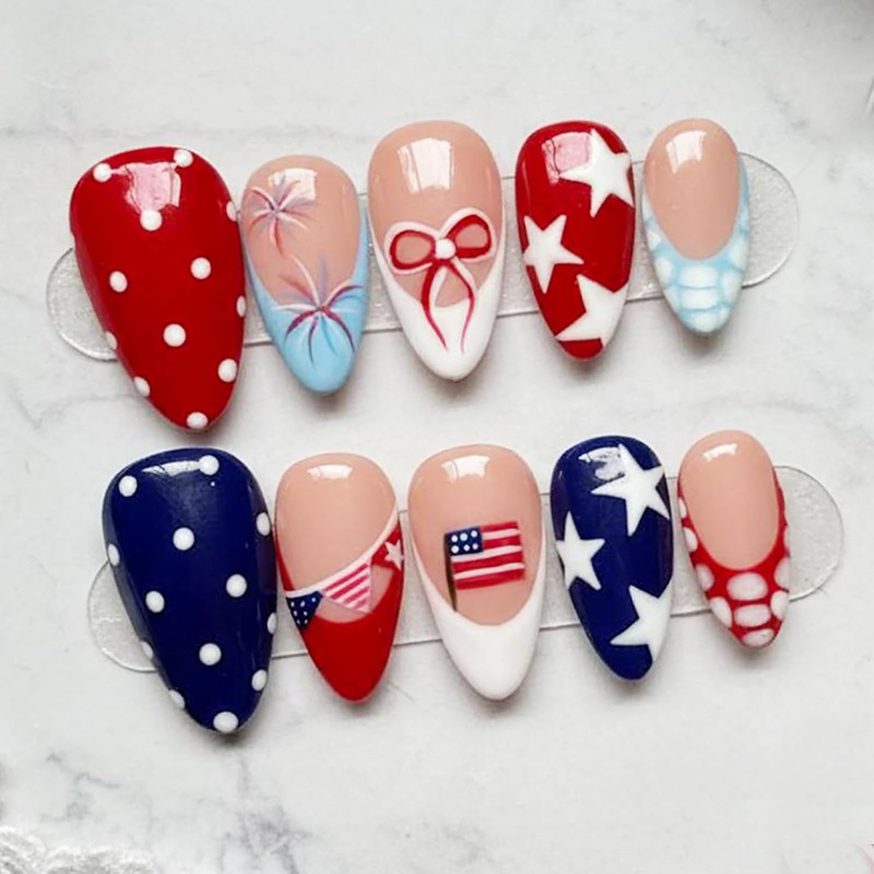30 pieces of cross-border European and American Independence Day themed press-on nails with painted stars and stripes, polka dots, and butterfly designs, wholesale