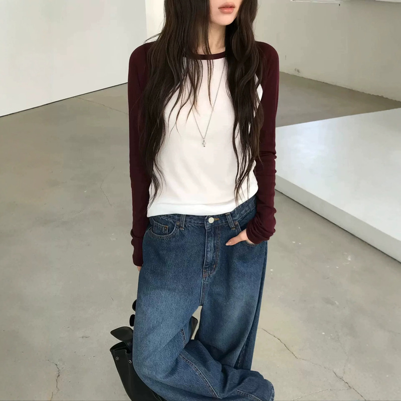Korean-style nuese autumn Tencel raglan sleeve color-blocked long-sleeve T-shirt, youthful and fashionable base shirt top Korean-style nuese autumn Tencel raglan sleeve color-blocked long-sleeve T-shirt, youthful and fashionable base shirt top
