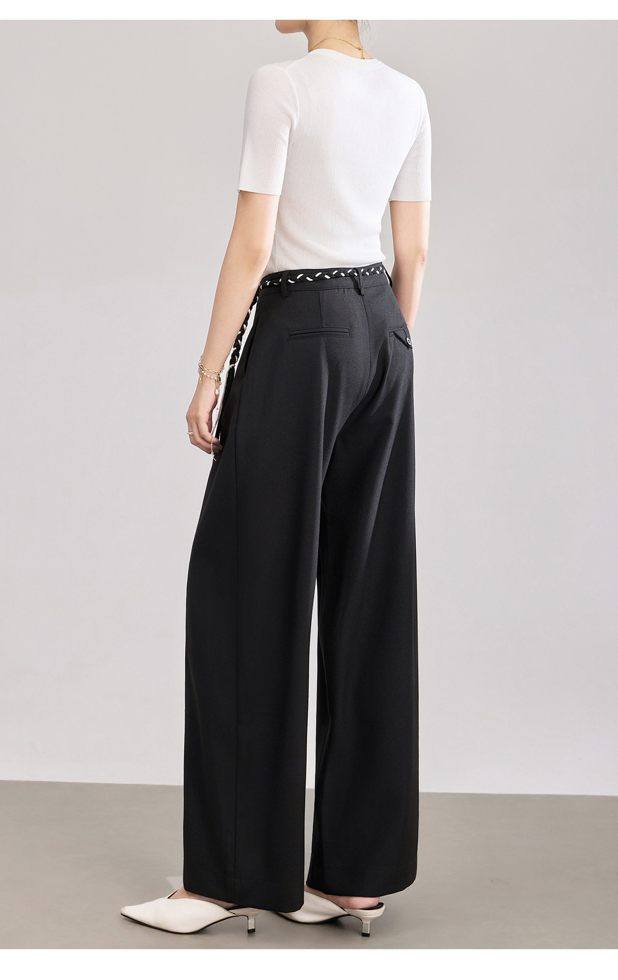 Quần culottes nữ ống rộng cạp cao kèm thắt lưng dệt bản to — màu đen chi tiết 22