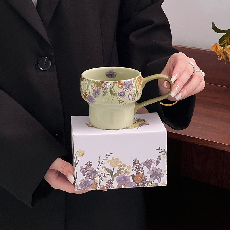 Taza de cerámica de flores taza de desayuno de avena tazón de calentamiento de leche flor brocade taza de café plato tazón