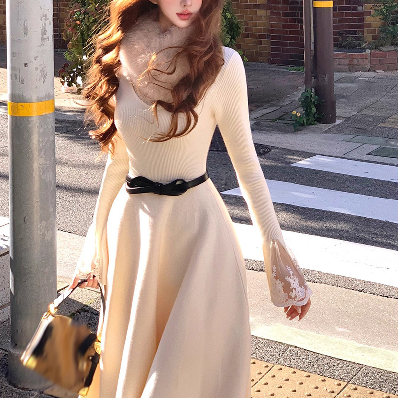 First Encounter with Cupid, Three-Layered High-Weight Stereo Sweater Dress, Waist-Cinching Textured Knit A-Line Dress, Long Dress