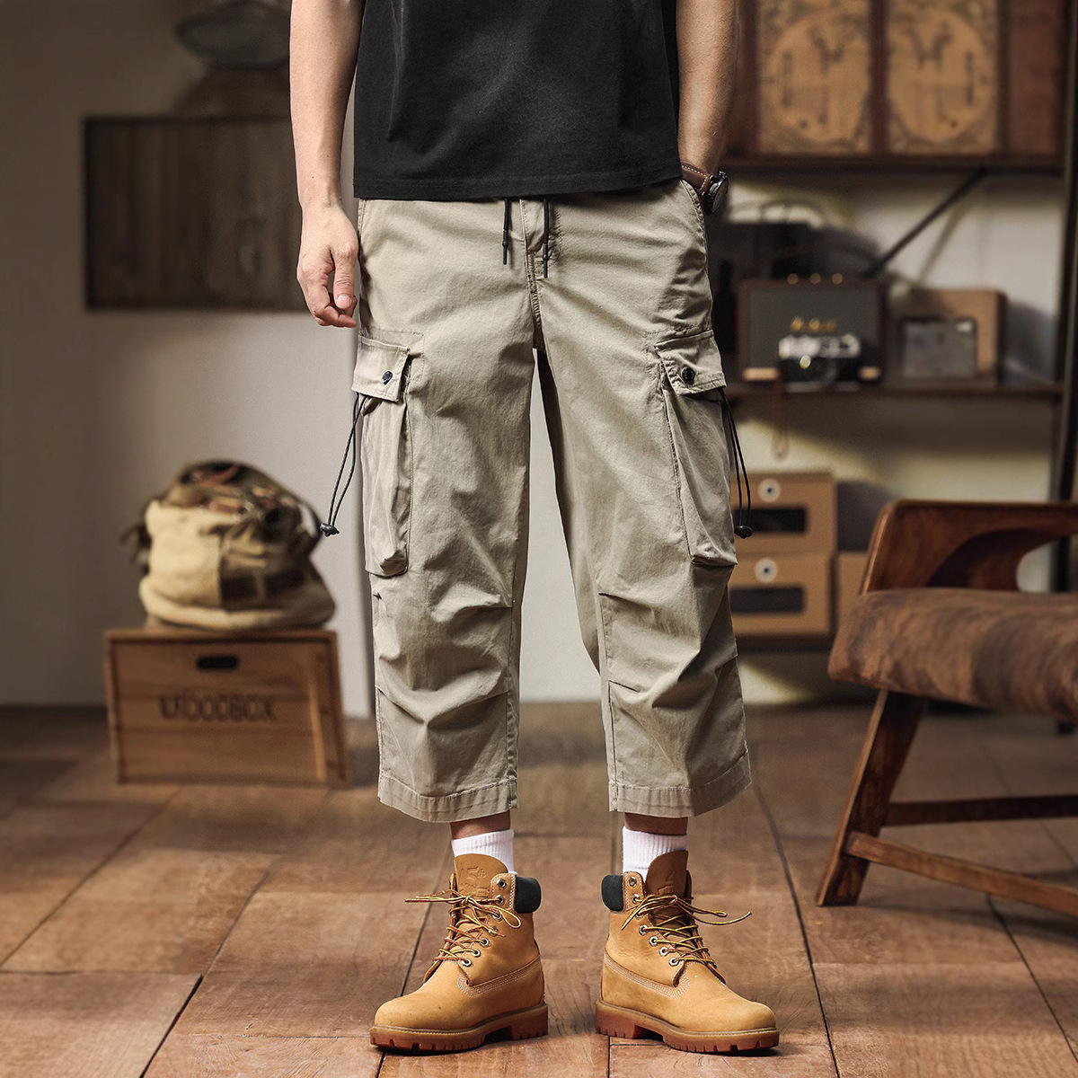 American retro straight-leg cargo pants, men's 25 new spring/summer loose plus size logging tapered casual pants