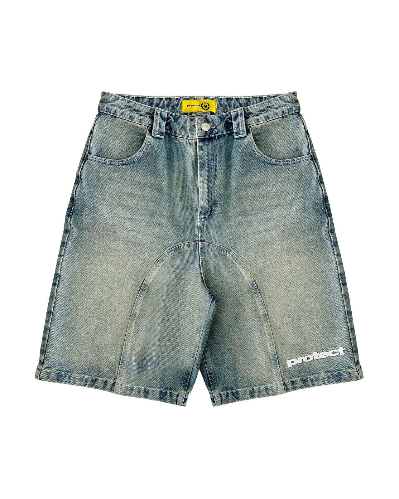 Protect London Raw Panel Denim Shorts Loose Faded Blue