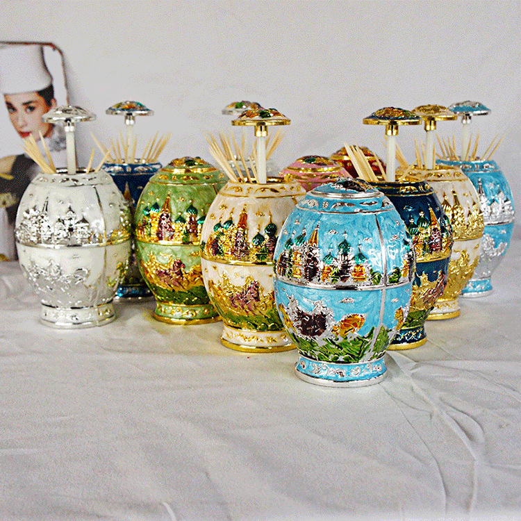 Cross-border exclusive color-plated automatic pop-up toothpick holder for guest tea rooms, restaurants, three flat eggs toothpick holder castle