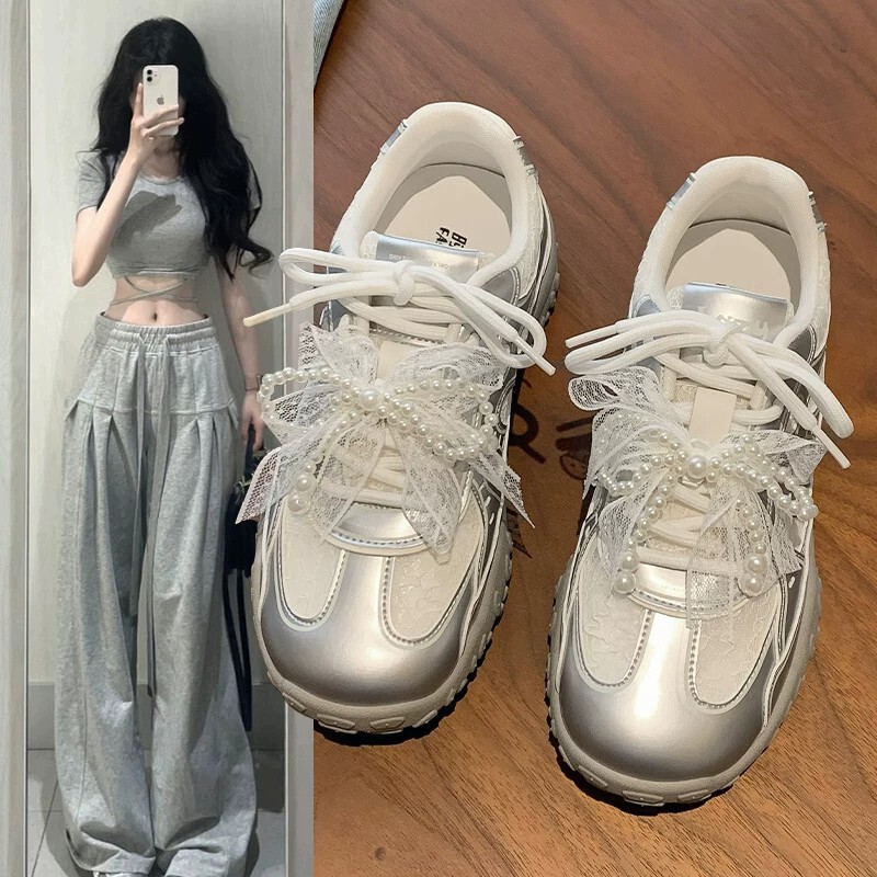Lace silver German training shoes for women, 2026 new popular white sneakers, versatile summer breathable mesh sports shoes Lace silver German training shoes for women, 2026 new popular white sneakers, versatile summer breathable mesh sports shoes