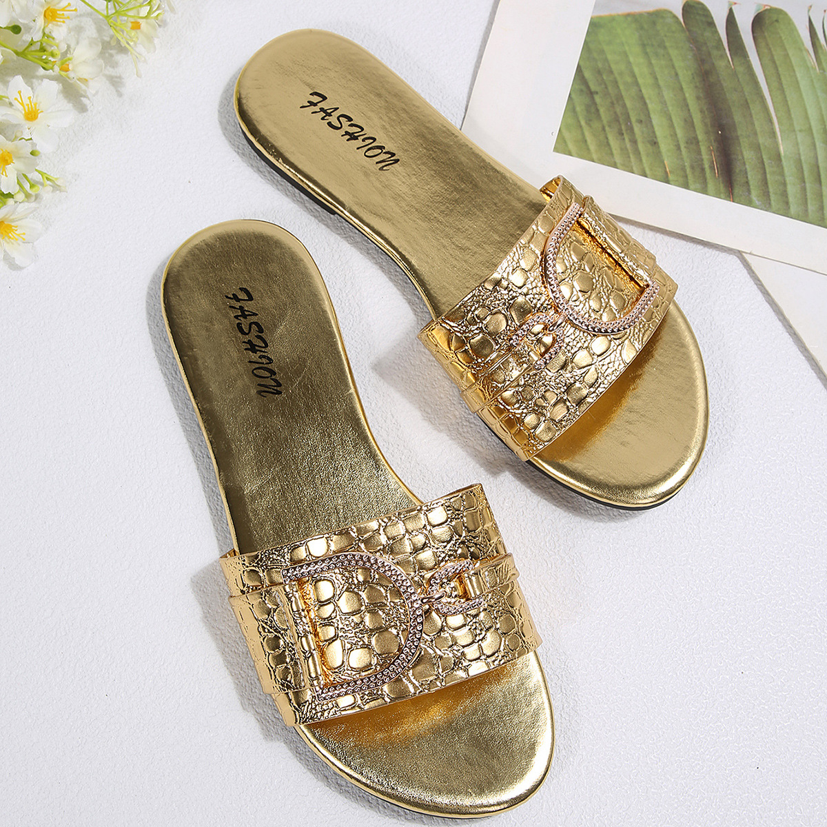 Sandalias Planas para Mujer de Cuero Sintético, Cómodo, Fondo Plano, para Uso Casual