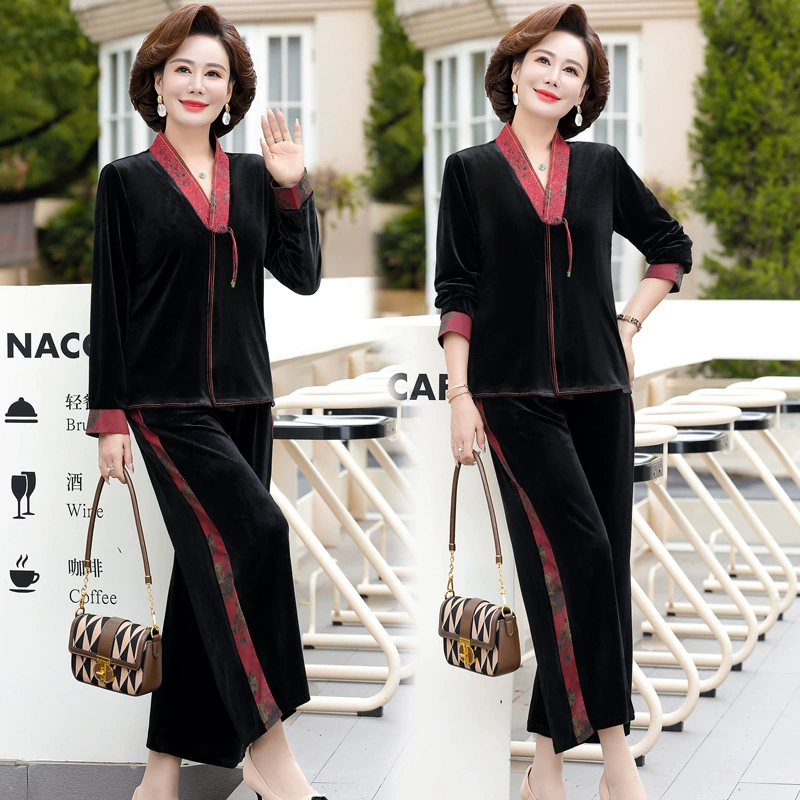 Элегантный костюм с длинными рукавами для мам среднего и пожилого возраста, женский осенний новый стиль 2023, широкий женский золотой бархатный костюм из двух предметов