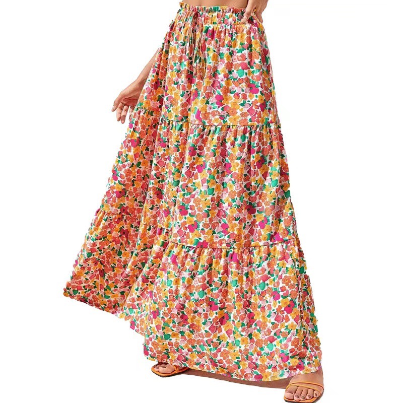 Maxi Flower Print Skirt in Pink and Yellow