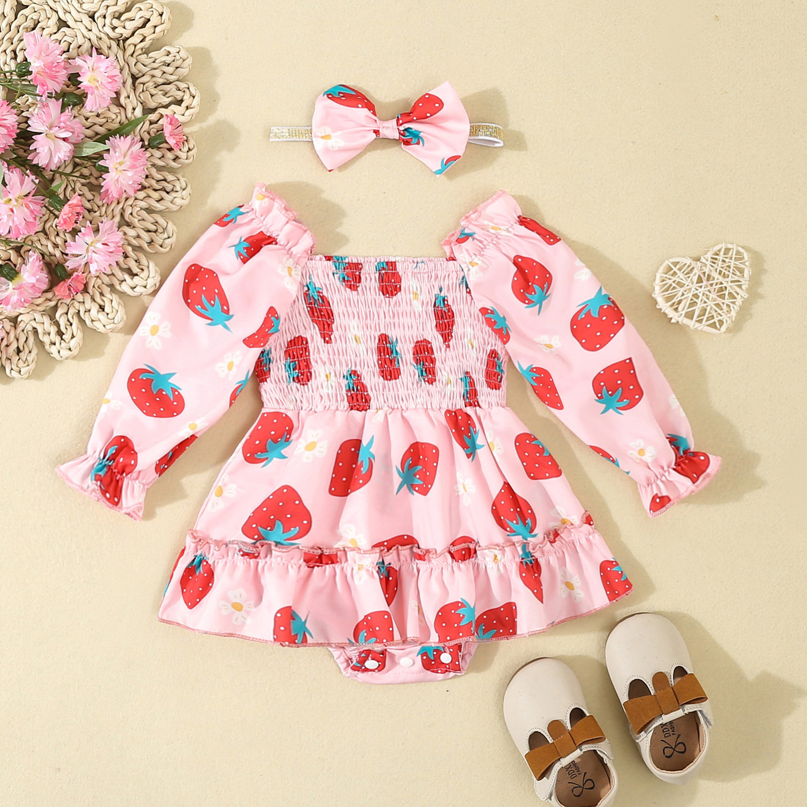 Baby romper kjole med hårbånd til piger forår og efterår_voghion.com