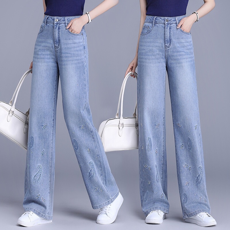 High-End Embroidered Denim Straight-Leg Pants for Women, 2026 Summer New Style, High-Waisted, Slimming, Loose-Fitting, Casual Narrow Wide-Leg Pants