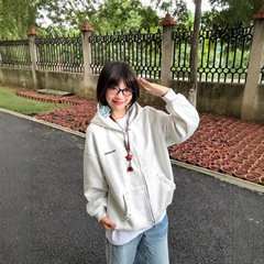 2025新款美式高街珍珠字母刺绣连帽卫衣女宽松潮牌慵懒风开衫外套