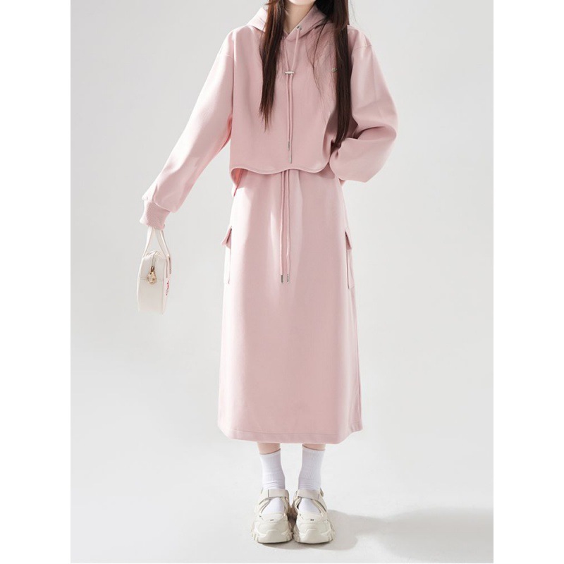 加绒加厚秋冬新款韩版设计感时尚套装女连帽卫衣长裙两件套潮