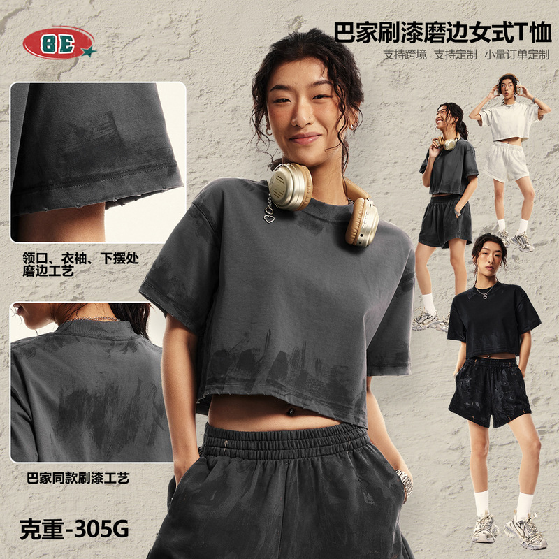 BE Women's Wear 25 Spring/Summer Paris Factory Mud Dye Women's T-shirt 305G European and American Fashion Brand Fitness Short Women's Top