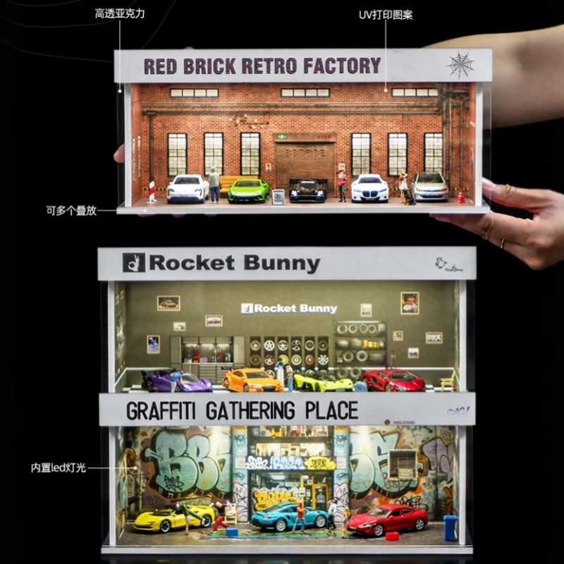 1:64 Scale Alloy Car Model Parking Lot Garage Modification Shop Scene Model Car Storage Rack Display Box