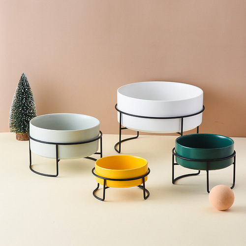 Cross-border Amazon tall iron stand cat bowl ceramic double bowl one-piece drinking water basin anti-tip pet supplies