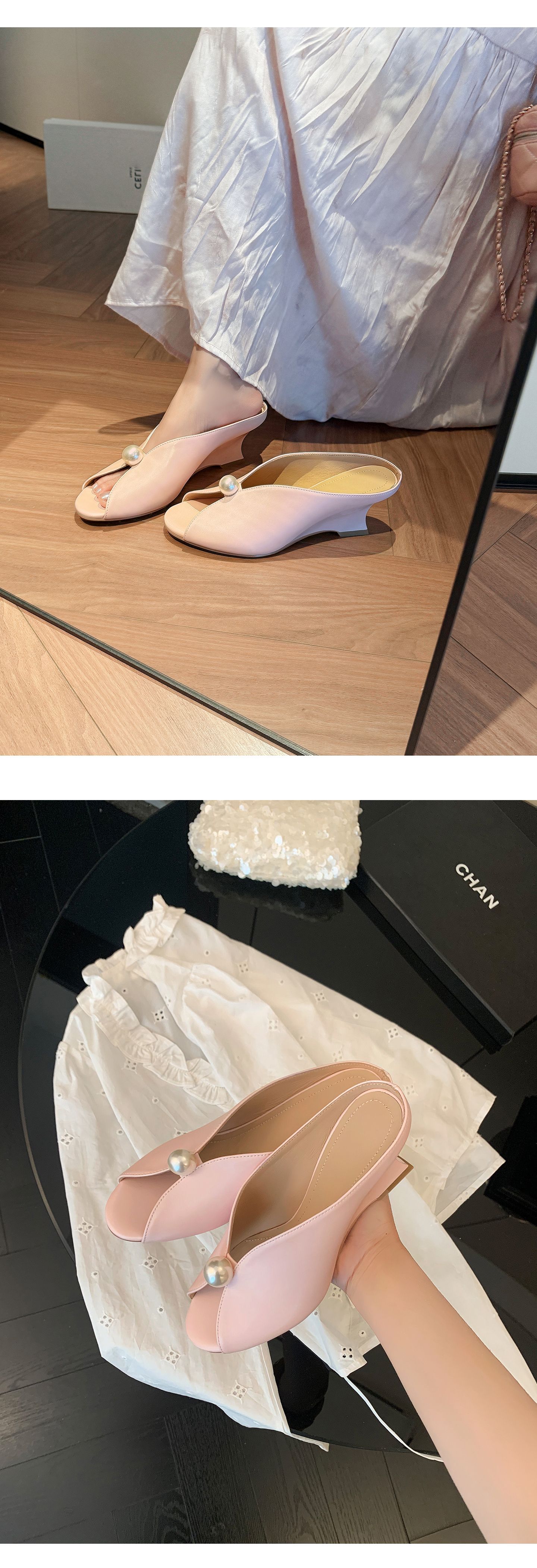 Sandal cao gót nữ hở mũi phong cách Chanel, gót xuồng 7 cm, quai ngang, đi biển hè — màu đen, màu hồng, màu trắng chi tiết 17