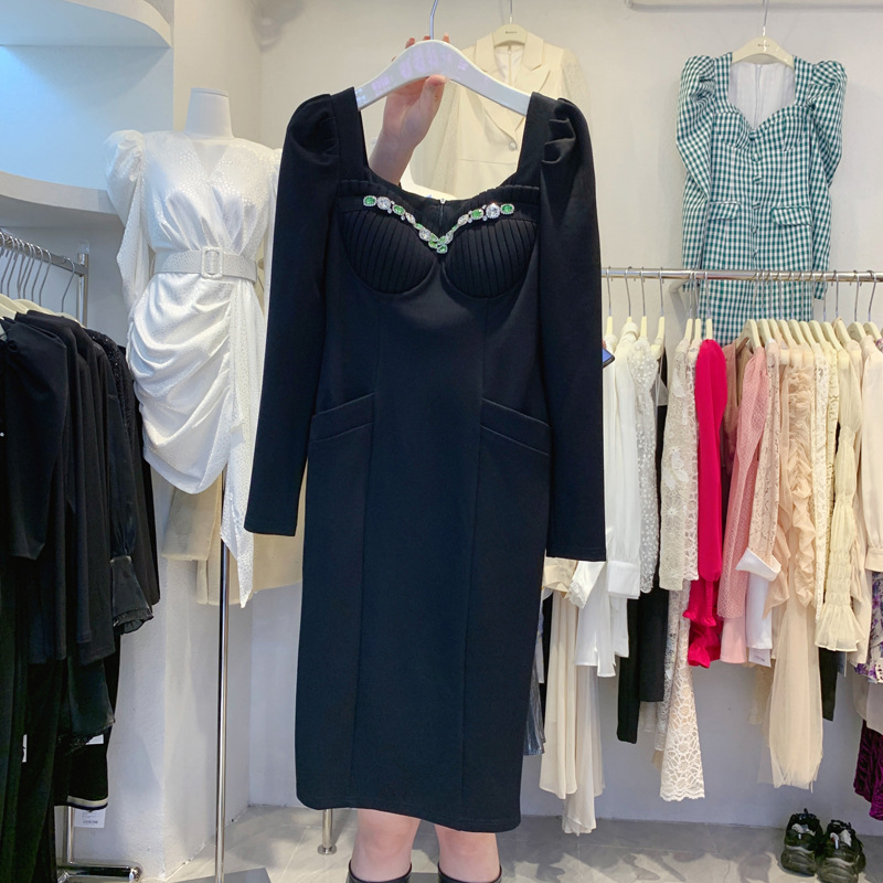2022 Spring French style puff sleeve square collar beaded wrapped chest retro slim fit waist mid-length dress Q2#325