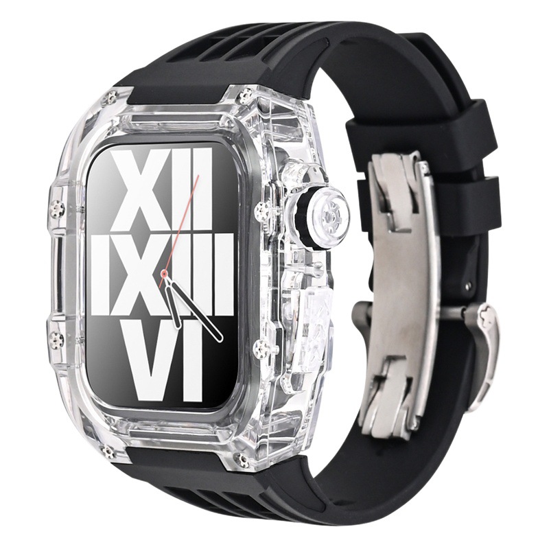 Correa de reloj de Apple aplicable carcasa modificada iwatch7/8 caja transparente de caucho flúor con hebilla de mariposa 44/45mm