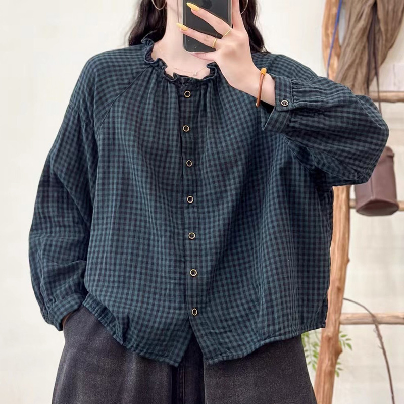秋装双层棉纱长袖花边领女新款宽松棉质休闲衬衫开衫上衣衬衣|undefined