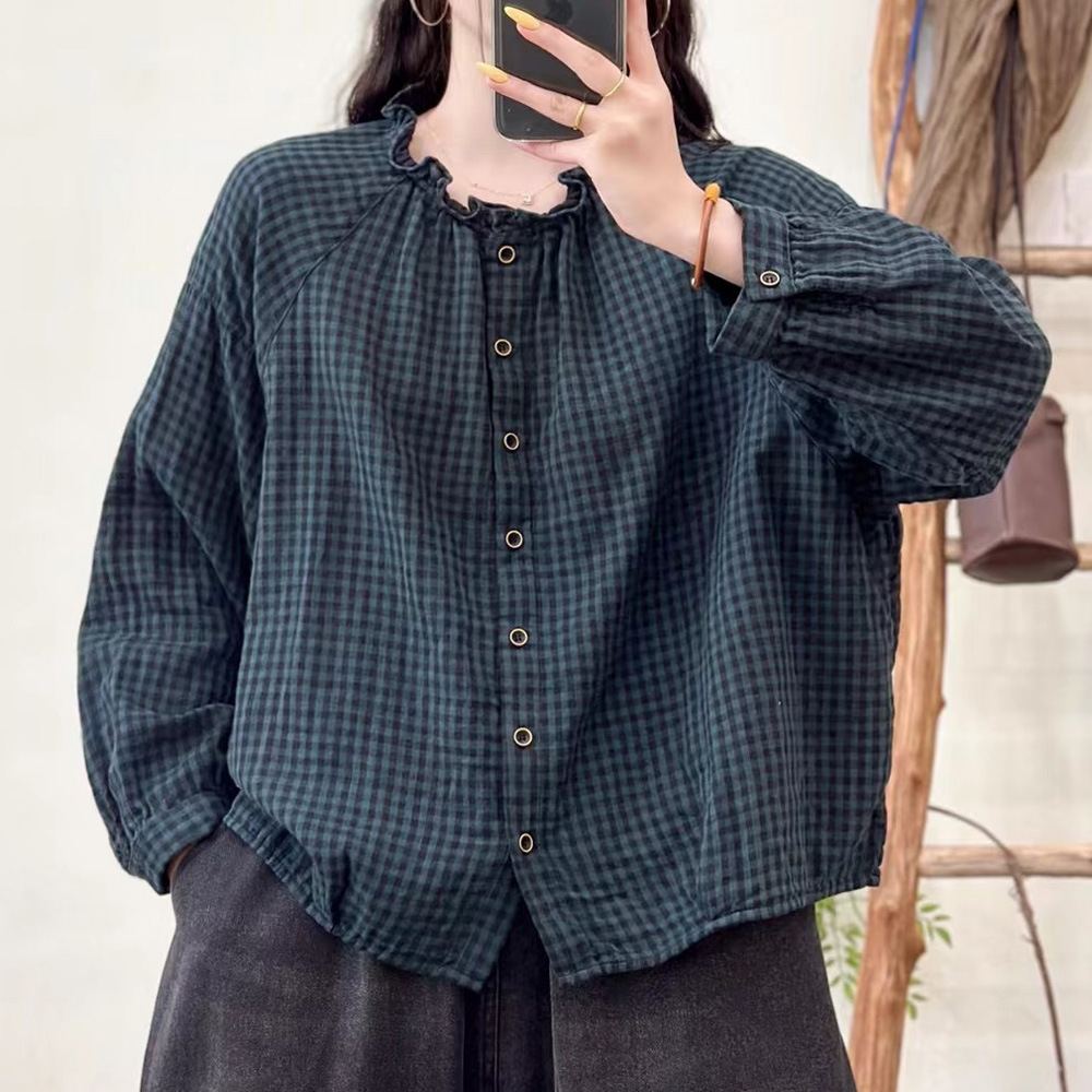 Autumn Double-Layer Cotton Gauze Long-Sleeved Lace Collar Women's New Loose Cotton Casual Shirt Cardigan Top Shirt