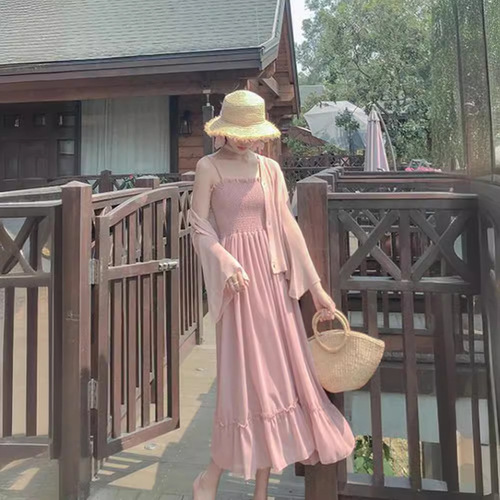 suspender dress, French Platycodon fairy dress set, Super Xiansen, sweet first love, gentle long dress, two-piece set