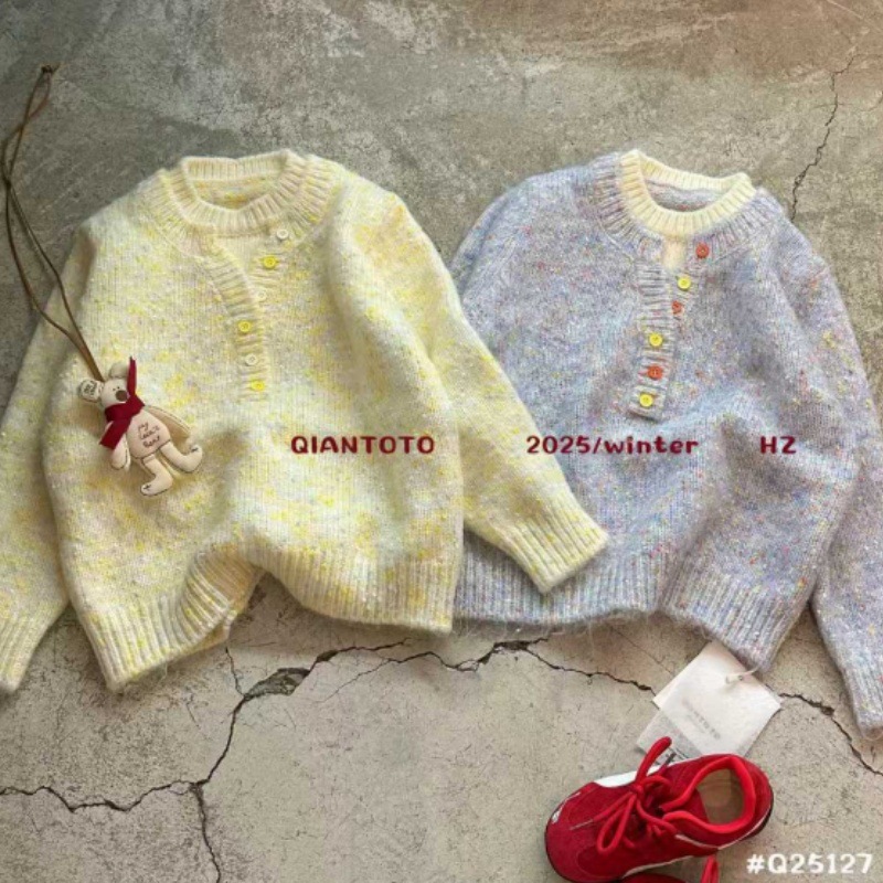 女童假两件毛衣冬季新款钱多多品牌中大儿童圆领套头加厚针织上衣