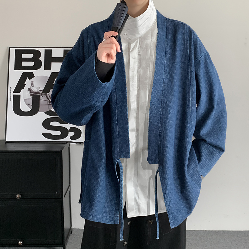 Spring Chinese Retro Kimono Cardigan Long-Sleeved Denim Jacket for Men and Women Loose and Versatile Gender-Neutral Couple Jacket