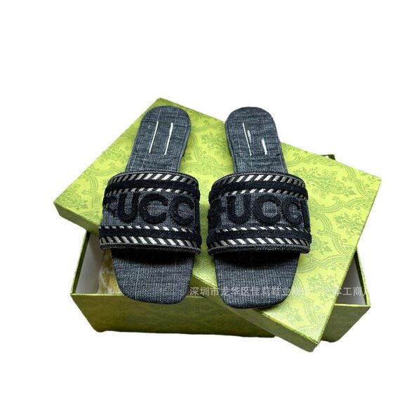 G Family Letter Embroidered Flat Slippers 2024 Summer New Arrival Square Head Denim Outer Wear Beach Slippers