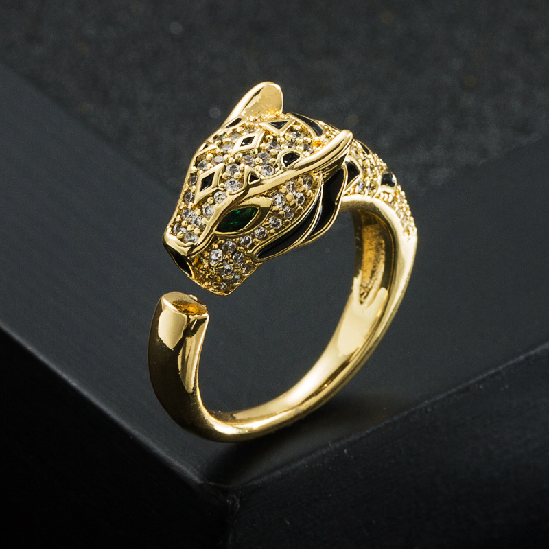 Fashion Leopard Head 18k Gold Plating Zircon  Open Copper Ring display picture 4