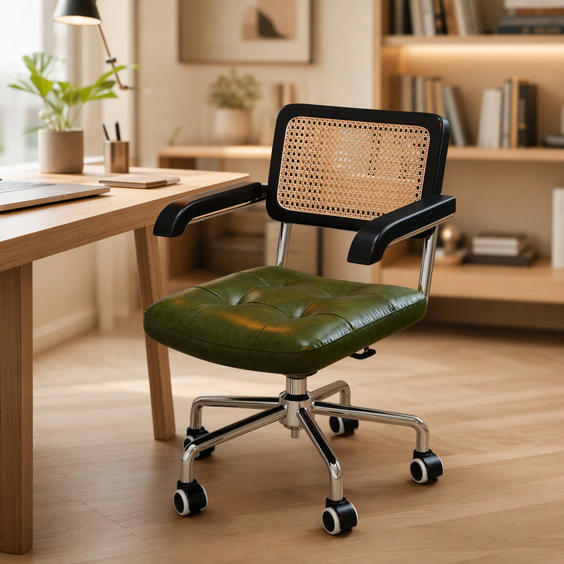 Used computer chair, adjustable height, swivel, with casters, office chair with rattan backrest, study and makeup stool, vintage swivel chair Used computer chair, adjustable height, swivel, with casters, office chair with rattan backrest, study and makeup stool, vintage swivel chair