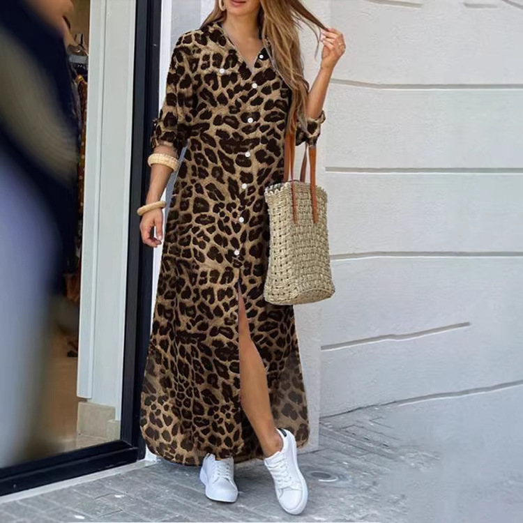 2026 New Women's Clothing Models, Cross-Border European and American Spring and Summer Casual Leopard Print Fashion Slit Ultra-Long Women's Shirt Dress 2026 New Women's Clothing Models, Cross-Border European and American Spring and Summer Casual Leopard Print Fashion Slit Ultra-Long Women's Shirt Dress