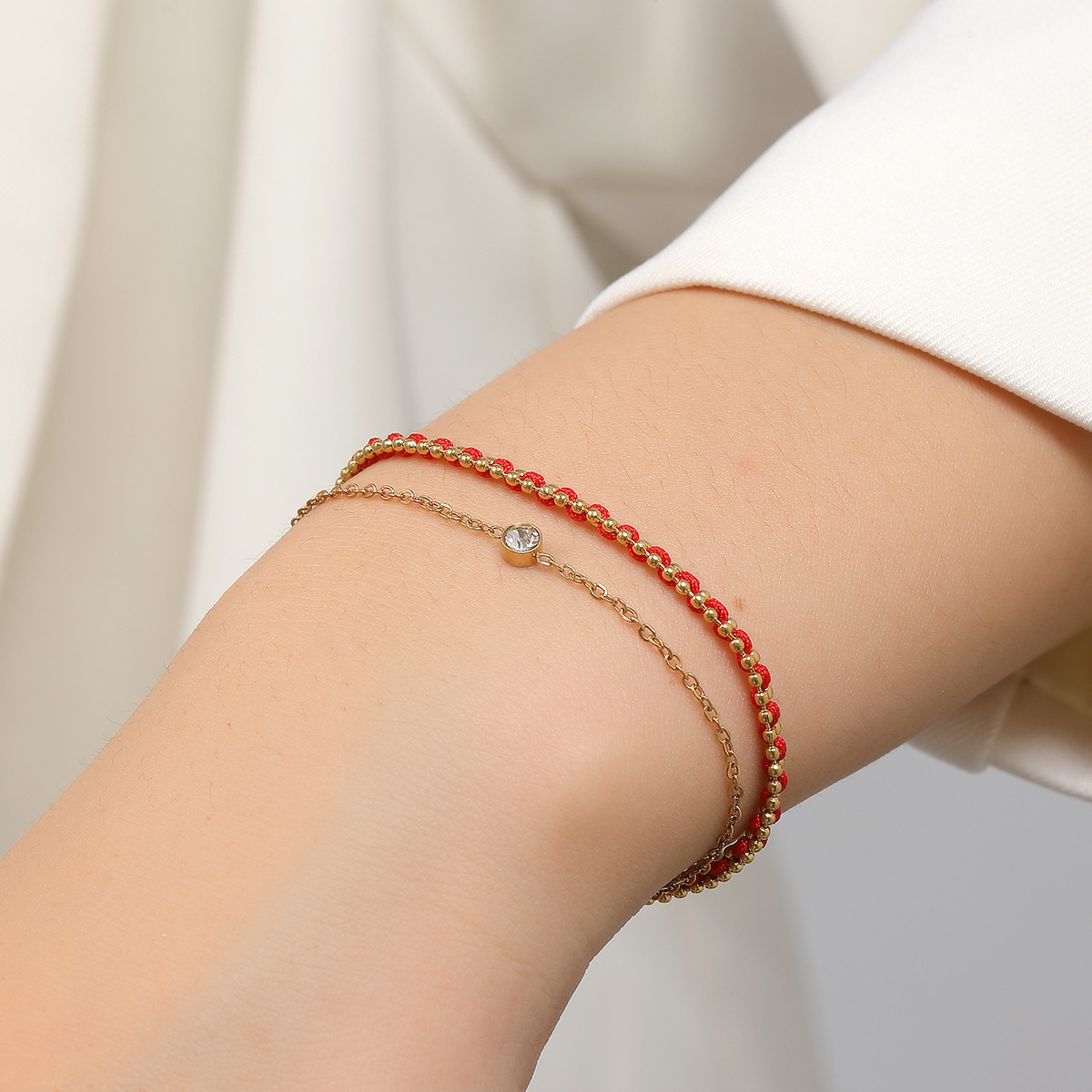 Light Luxury New Chinese Style Double-Layer Single Diamond Red Rope Bracelet for Women, Exquisite and High-End Bracelet, Niche Personalized Design Bracelet