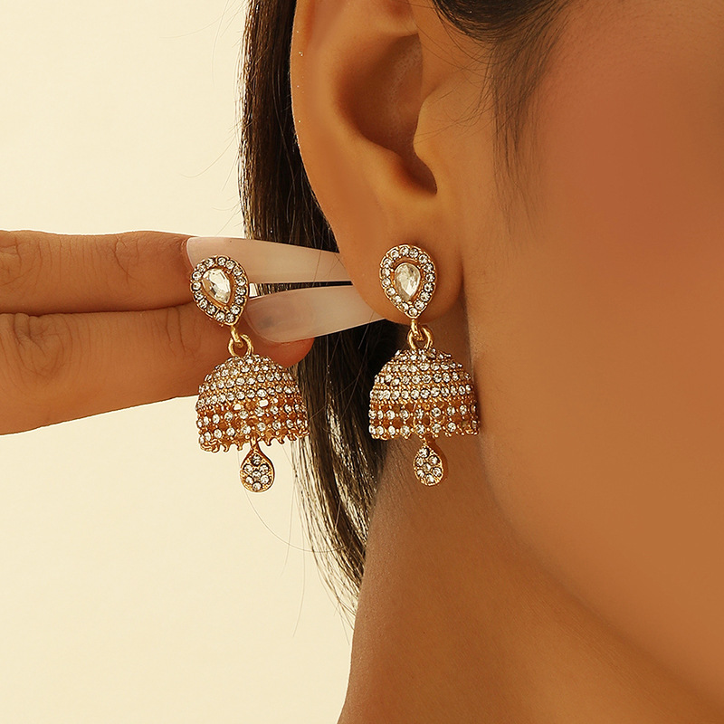 Cross-Border Indian Style Water Drop Earrings with Diamonds, Bell-Shaped Heart-Shaped Earrings, European and American Luxurious Amazon Rhinestone Jewelry