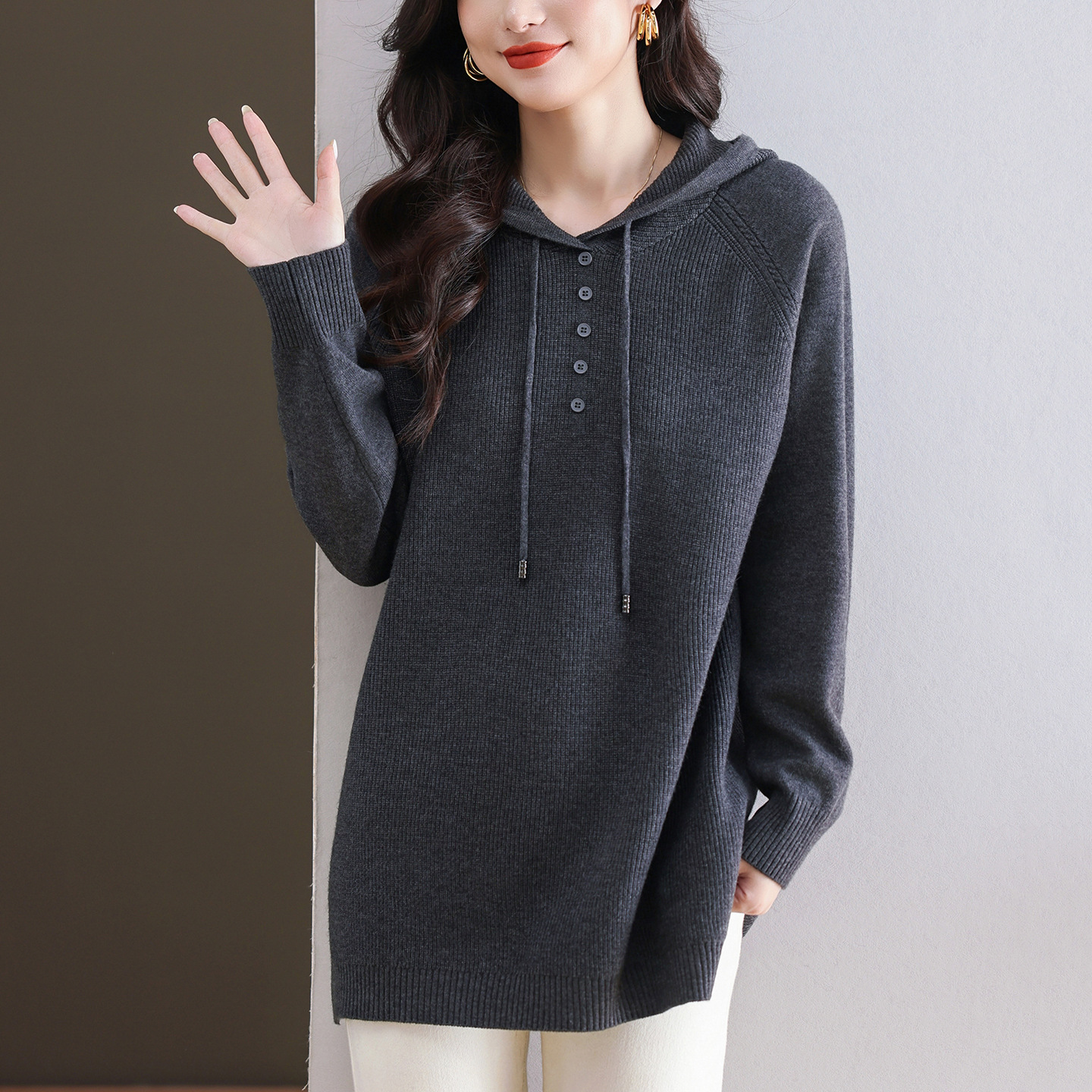 帽衫女秋冬中长款遮屁股毛衣春秋宽松大码显瘦减龄连帽针织打底衫