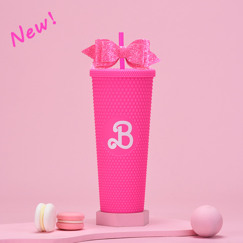 Taza de paja de plástico de doble capa 710ml taza de paja de gran capacidad con brillo arco mano taza Durian taza