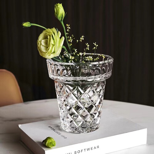 Beiying thickened retro crystal glass vase light luxury relief tall crystal flower vessel transparent flower bottle ornament