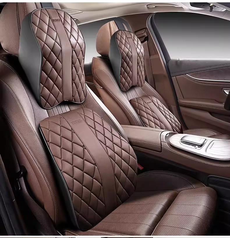Car All-Season Nappa Leather Headrest and Lumbar Support, Car Neck Protector and Waist Support Supplies, Car Memory Foam Lumbar Pillow and Neck Pillow