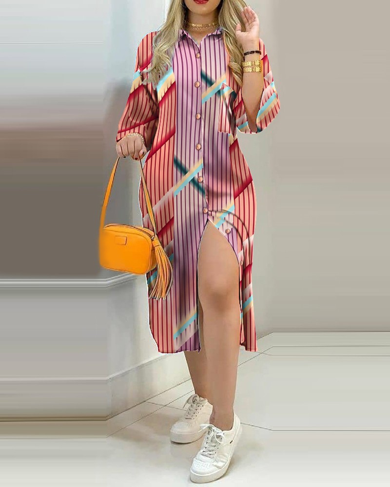 Women's Shirt Dress Casual Turndown Printing Patchwork 3/4 Length Sleeve Printing Midi Dress Daily display picture 5