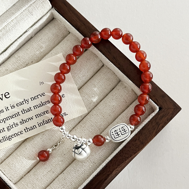 999 Pure Silver Persimmon Ruyi Good Luck Agate Bracelet Women's New Chinese Style Design Beaded Bracelet B6803