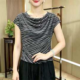 一件代发爆款时尚黑白条纹堆堆领薄款短袖T恤女2026夏季打底上衣