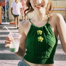 毛线花挂脖针织吊带背心女2024夏季新款甜美短款内搭外穿上衣花朵