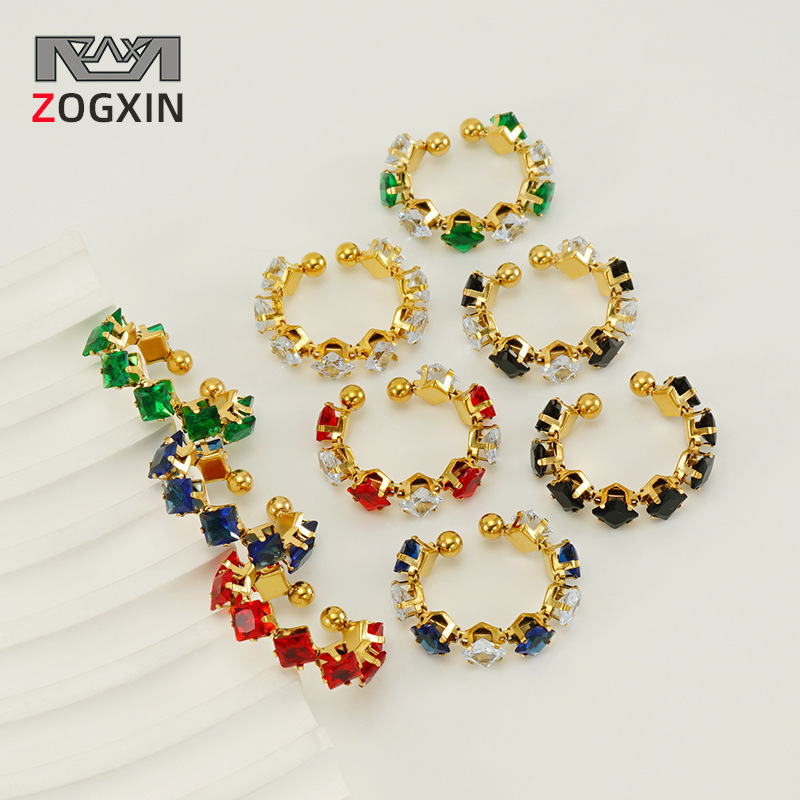 Anillo cuadrado de circón de moda europea y americana de acero inoxidable transfronterizo INS estilo diseño titanio acero 18K diamante-incrustado anillo abierto hembra