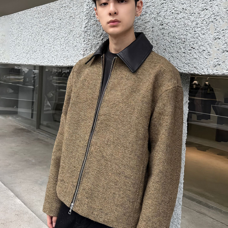 High-End Leather Lapel Wool Tweed Jacket with Contrasting Color Design Top, Handsome Short Right Shoulder Autumn Jacket for Boys
