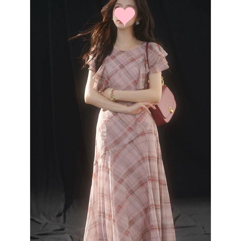 Sleepybunny French Plaid Round Neck Chiffon Dress for Women High-Waisted Mid-Length Ruffled Short-Sleeved Long Dress Sleepybunny French Plaid Round Neck Chiffon Dress for Women High-Waisted Mid-Length Ruffled Short-Sleeved Long Dress