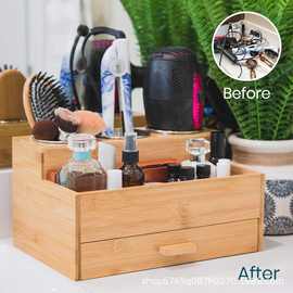 跨境简约木质桌面吹风机美发工具收纳架木制分层化妆品多用途收纳