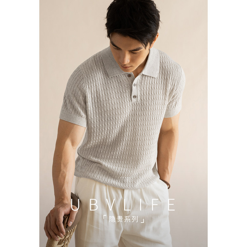 Old Money Style Linen Blend Cable Knit Short-Sleeve T-Shirt Men's 2026 Autumn Breathable Cool Casual Polo Shirt