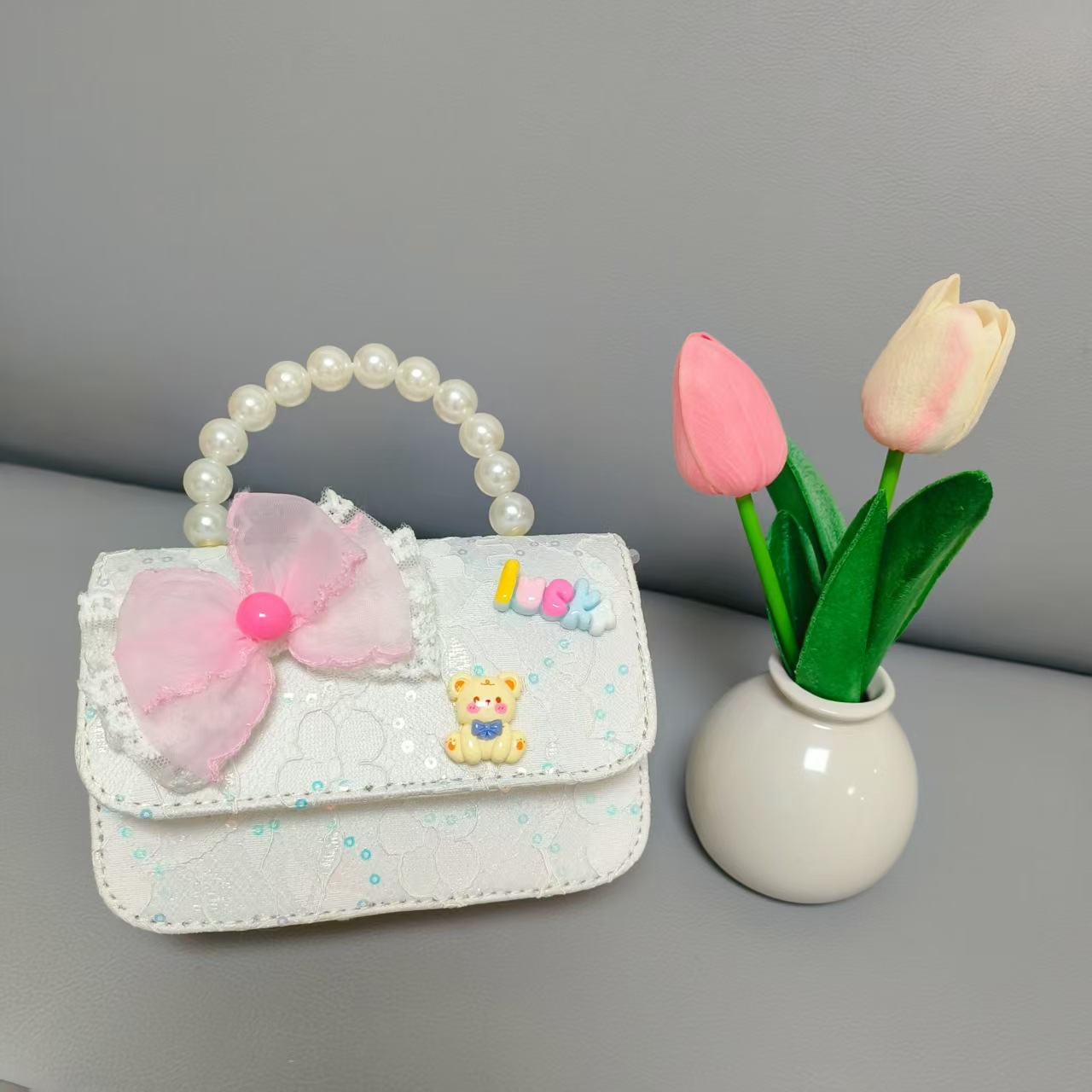 Bolsa de princesa portátil de perlas, arco de encaje, bolso de hombro, bolso de Año Nuevo, cambio de cambio