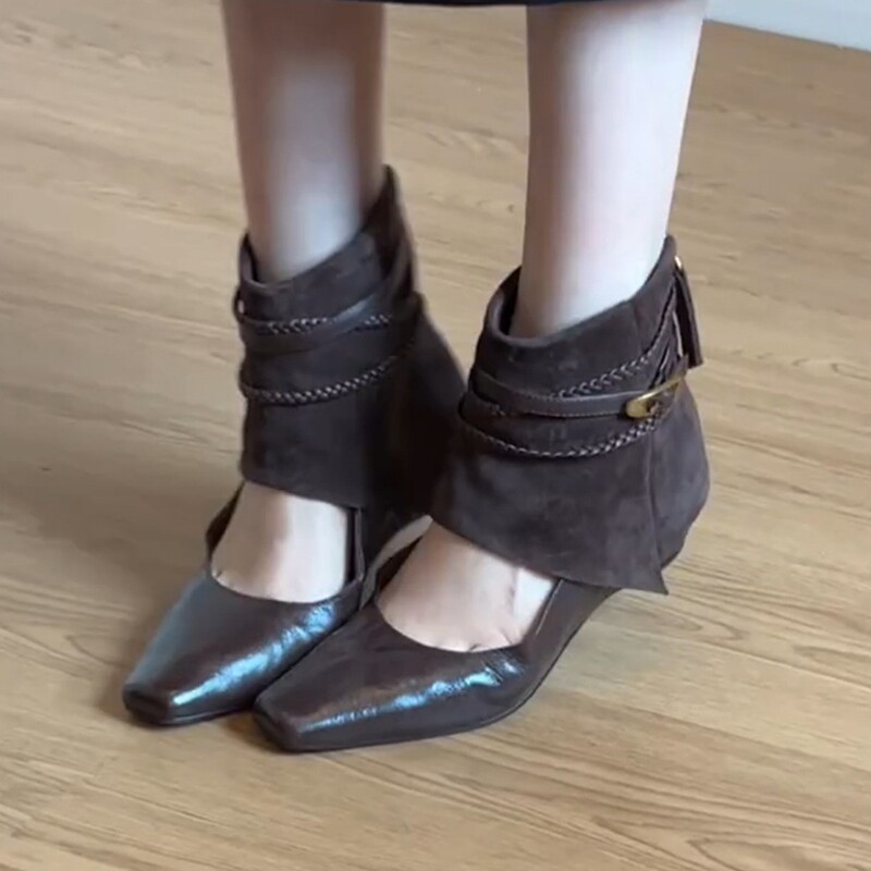 Sheepskin version~ French retro style women's height-increasing cool boots with square toe, versatile and fashionable short boots, slim-fit boots Sheepskin version~ French retro style women's height-increasing cool boots with square toe, versatile and fashionable short boots, slim-fit boots