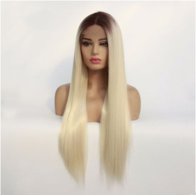 T color dorado cabello largo recto tejido tejido de fibra química europea y americana cabeza de encaje delantera fabricante al por mayor LW0131