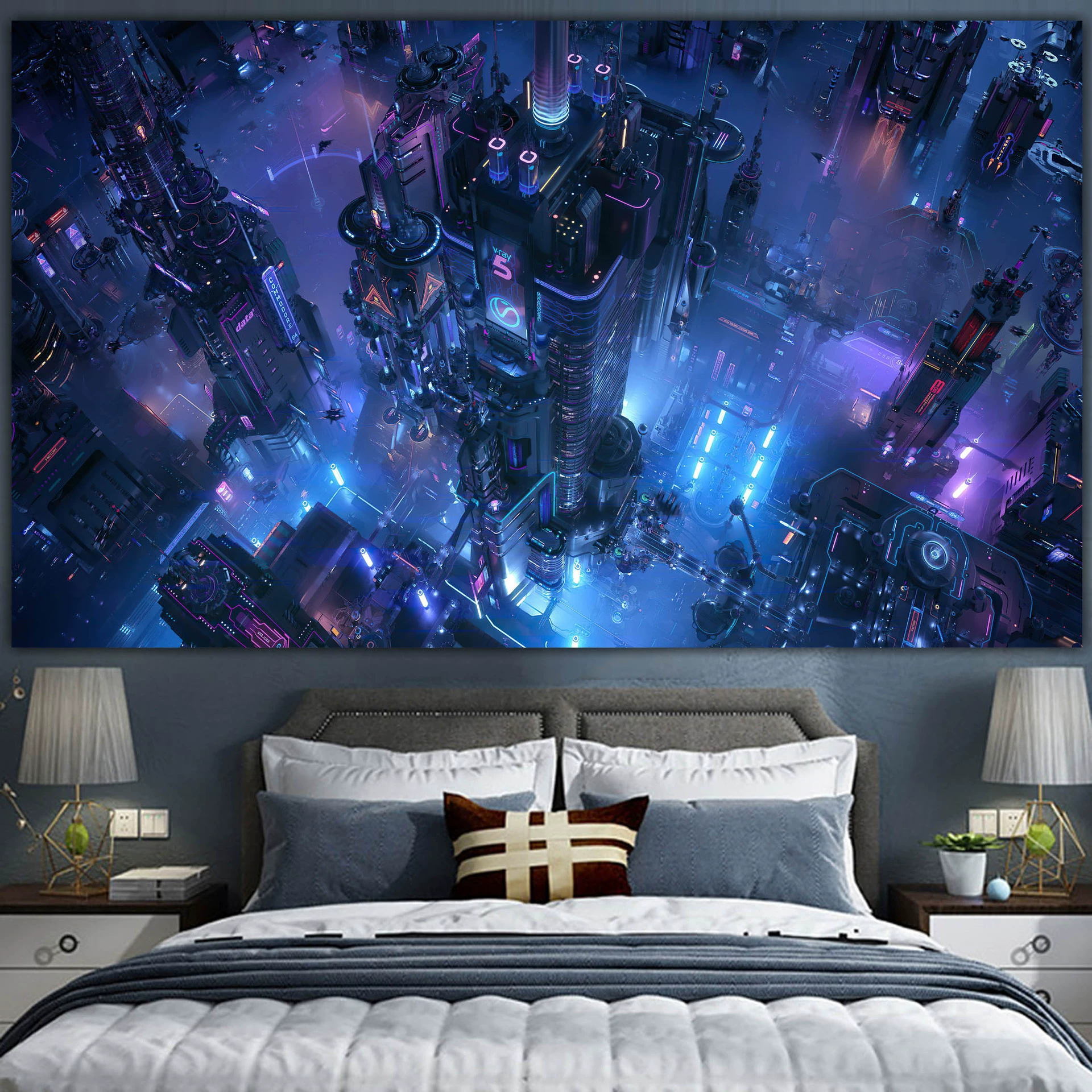 Постер cyberpunk неоновый город, размеры 38×65 см, 85×155 см, 110×200 см